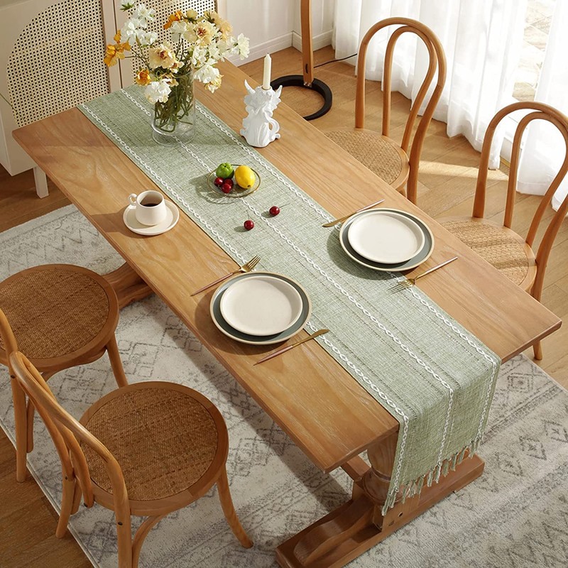 LOMOHOO Cotton Linen Table Runner Green Embroidered Farmhouse Table Runners