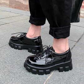KOKOMOMO Womens Patent Platform Oxfords Chunky Lace Up Sneakers,Size 7 Black