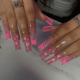 Valentine Press on Nails Long Coffin French Tip Fake Nails Pink Glitter Full Cover Heart False Nails with Designs Rhinestones Glossy Glue on Nails Acrylic Manicure Artificial Nails for Women Girls