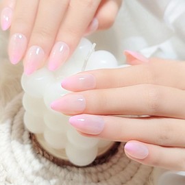 Gradient Pink Almond Press on Nails Short Fake Nails with Pink French Tip Designs Cute Simple Ombre Acrylic Nails Press ons Fall Winter Glossy Glue on Nails for Women Girls 24 Pcs