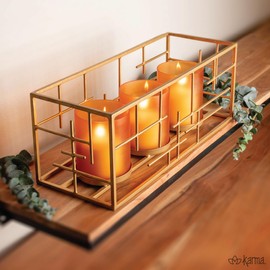 Karma, Modern Candle Holder Centerpiece with Gold Wire Rectangular Frame and Gold Bases for 3 Pillar or Tealight Candles - Amber