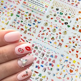 Valentine's Day Nail Art Stickers Decals 30 Sheets Cute Nail Stickers Heart Nail Decals Colorful Valentines Nail Art Decorations 3D Self Adhesive Nail Supplies DIY Nail Art for Women Manicure