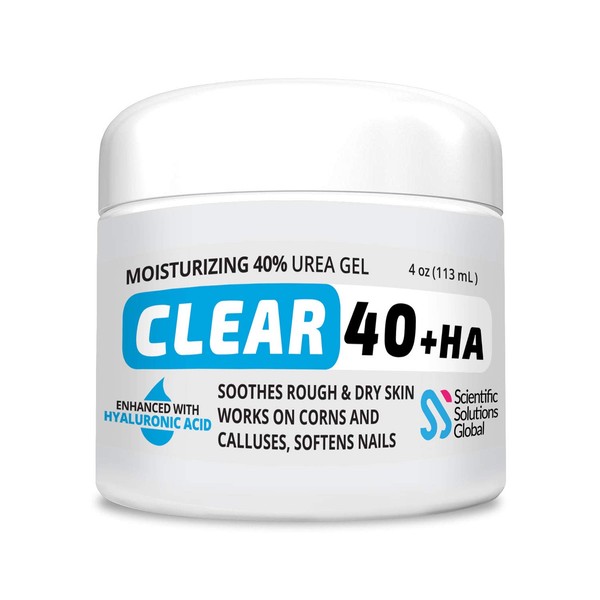 Clear 40 HA, 40% Urea Gel, 1% Hyaluronic Acid, 4 oz w/Tea Tree & Coconut Oil, Aloe Vera, Callus & Corn Remover Softens Cracked Heels, Feet, Elbows, Hands, Nails, Superior Hydration to Urea Creams