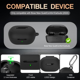 for Bose New QuietComfort Earbuds Case Cover, Soft Silicone Case for Bose New QuietComfort Earbuds 2024, Shockproof Protective Skin Cover with Cleaner Kit & Carabiner (Black)