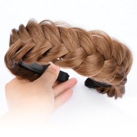 GLEDOLA Wide Messy Braided Headband with Teeth Synthetic Hair Plaited Headband High Elasticity Braids Chunky Fishtail Braided Hair Band Hairpiece for Girls Women (Medium Brown)