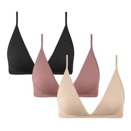 INIBUD Bralette for Women Removable Padded Bra Yoga Seamless V Neck Triangle Adjustable Straps Wireless, Black+Cream+Purple, Medium