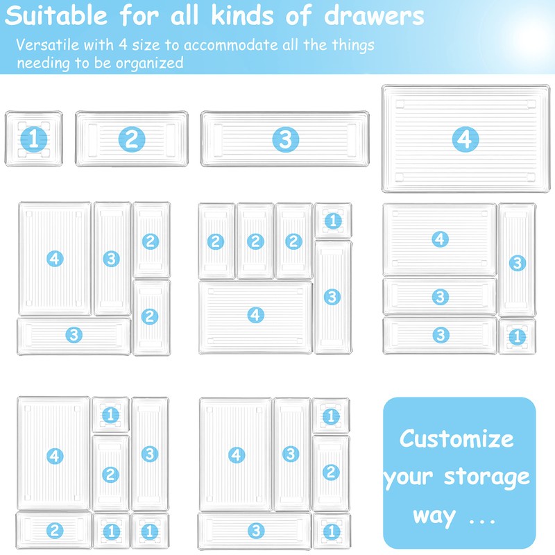 DCA 25 PCS Clear Plastic Drawer Organizer Tray, Bathroom Organizers