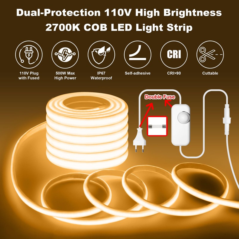Gliztech IP67 Waterproof COB LED Strip Lights AC 120V Direct
