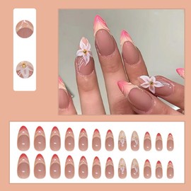 24 Pcs Nude Pink Press on Nails Short Almond - YEFIUO Glitter French Fake Nails Press ons Nail Art Tips Glue on Nails with 3D French Flowers Design Full Cover Acrylic False Nails Stick on Nail Kit