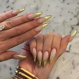Gold French Tip Press on Nails Medium Almond Fake Nails Nude Full Cover Gel Acrylic Nails Stiletto Press Ons Glue on Nails Durable Stick On Nails False Nails for Women in 24 PCS