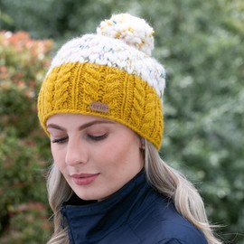 Erin Knitwear Ladies Irish Cable Knit Bobble Hat (Yellow)