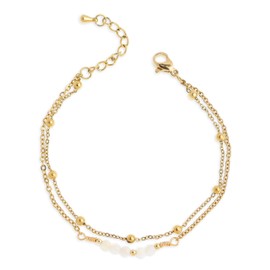 Frigotine Gold White Gemstone Beaded Layered Chain Bracelets for Women, Dainty Boho Crystal Stone Beads Adjustable Stackable Bracelet Prom Wedding Friendship Jewelry Gift