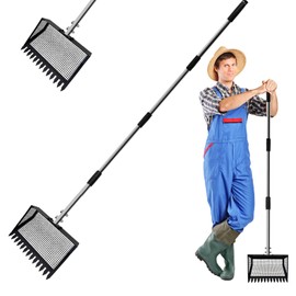 2 in 1 Chicken Poop Scooper & Rake, Chicken coop Scoop for Poop Sand with 22'' to 62" Adjustable Long Handle, Stainless Steel Sifting Shovel for Chicken Coops & Animals House