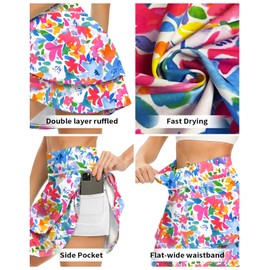 WOWENY Women's Athletic Pleated Tennis Skirt Ladies Active Layered Skort with Pocket Running Golf Skirt with Ruffle for Workout Sports Pickleball(2-Layer Colored Flower,L)
