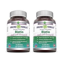 Amazing Formulas Biotin with Extra Virgin Organic Coconut Oil Supplement | 10000 Mcg | Softgels | Non-GMO | Gluten-Free | Made in USA (2 Pack, 120 Count)