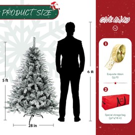 5FT Snow Flocked Artificial Christmas Tree with 600 Branch Tips, Foldable Metal Stand & Bonus Ribbon – Realistic Full-Body Snowy Décor, Easy Assembly Holiday Centerpiece