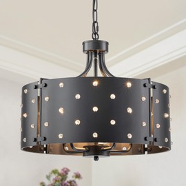 Bosomfr Modern Black Chandeliers Light with Crystal Accents, 5-Light Modern Dining Room Light Fixture,Kitchen Lighting Fixtures Ceiling Height Adjustable Hanging Pendant Light Fixtures for Living Room