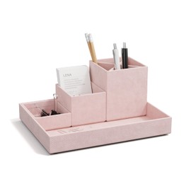 BIGSO LENA Schreibtisch Organizer für Stifte, Büroklammern, Haftnotizen usw. – Sortierkasten mit 4 Fächern – Ordnungssystem aus 100% recycelter Faserplatte und Papier in Leinenoptik – rosa