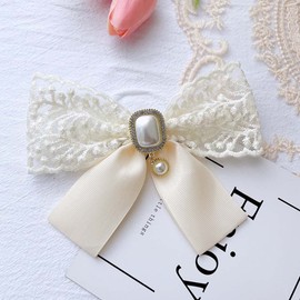 JKQBUX lace Bow Tie Brooches for Girl Women Fashion jabot collar brooch pins Pre-Tied Pearl Crystal Shirt Corsage Neck Tie