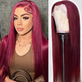 SOSATISFY Straight 99J Burgundy Lace Front Wigs Human Hair 13x4 Glueless HD Transparent Red Wig Human Hair Lace front 200% Density Colored Wigs for Women Pre Plucked with Baby Hair (20 inch)