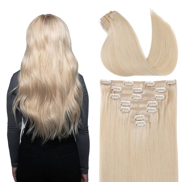 EnthayPow Clip in Hair Extensions Real Human Hair，Platinum Blonde Natural