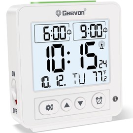 Geevon Reloj despertador atómico de viaje con retroiluminación automática/8s, 2 ajustes de alarma, detección de temperatura, aumento de sonidos de pitido, reloj digital atómico de viaje funciona con