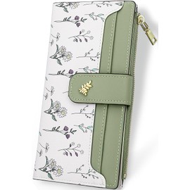 Farcauo Purses for Women Long Ladies Purse RFID Wallet for Women Cute Wallets with Card Holder Green Ladies Kawaii Flower Card Wallets Coin Purse with Credit Card Holder
