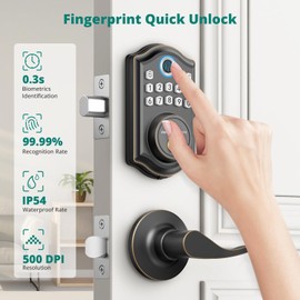 AkaGear Keyless Entry Door Lock with Handle - 2 Lever Handles, Fingerprint Door Lock, Electronic Keypad Deadbolt, 2 Keys, Smart Lock for Front Door, Auto-Lock & One Touch Locking, Easy Installation