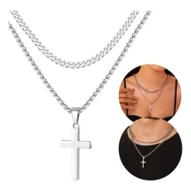 Collar Cruz GIEVULEO Acero Inoxidable Color Plata 60cm Diseño Unisex