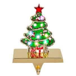 Amooca Christmas Stocking Holders Non-Slip Metal Hooks LED Lights Tree Decor Fireplace Mantle Stocking Hanger for Party Decorations (Green Gold)