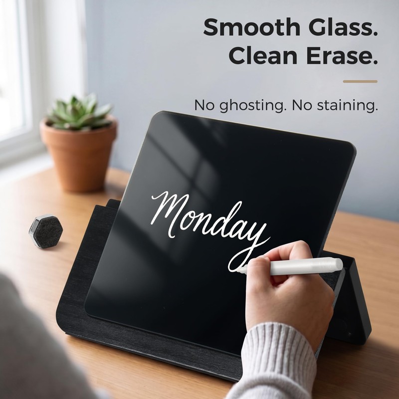 TOWON Glass Desktop Whiteboard with Wood Stand, Foldable, Black Square