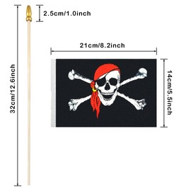 Newperlite Pirate Jolly Roger Stick Flag with Red Bandana Small Mini Hand Held Flags - Solid Wooden Pole and Spear Top,12 Pack, 5x8 Inches