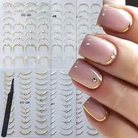 French Line Nail Art Sticker Decals,6 Sheets Self-Adhesive French Tip Nail Stickers with Rhinestone,Gold Silver Rose Metal Stripe Curve Nail Supplies Accessories with Tweezers for Manicure Decorations