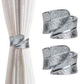 Curtain Tiebacks Clips Window Treatments Tie Backs Holders for Home Office Decorative Rope Holdbacks Metal Feather Curtain Tiebacks for Living Room Coffee Shop (2 Pack) (Silver)