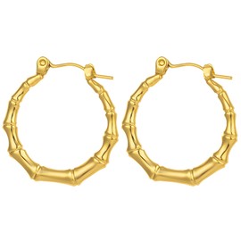 18K Vintage Hoop Earrings for Women, Stainless Steel Imitation Bamboo Design, Hypoallergenic, 80mm, Lightweight, Retro 90s Style, Secure Click Clasp, 1 Pair
