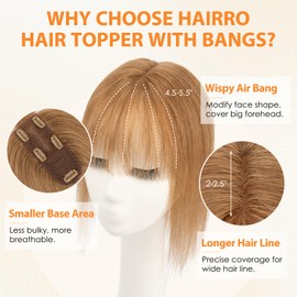 Hairro Human Hair Toppers For Women Wispy Air Bangs 3D Cover Remy Short Topper Hair Pieces Clip On Wiglet Hair Extensions Handmade Mini Toupee Hairpiece 10 Inch 36g #06 Light Brown