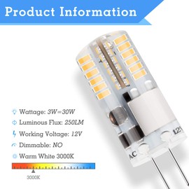 DiCUNO G4 3W Bi-pin LED Bulb, 30W T3 Halogen Bulb Equivalent, AC/DC 12V Warm White 3000K, Non-dimmable LED Light Bulb for Home Landscape of 10 Pcs