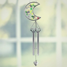I Love You to The Moon and Back Suncatcher Windchime with Real Pressed Flowers - Gifts for Mom - Metal & Glass - 20 Inch High