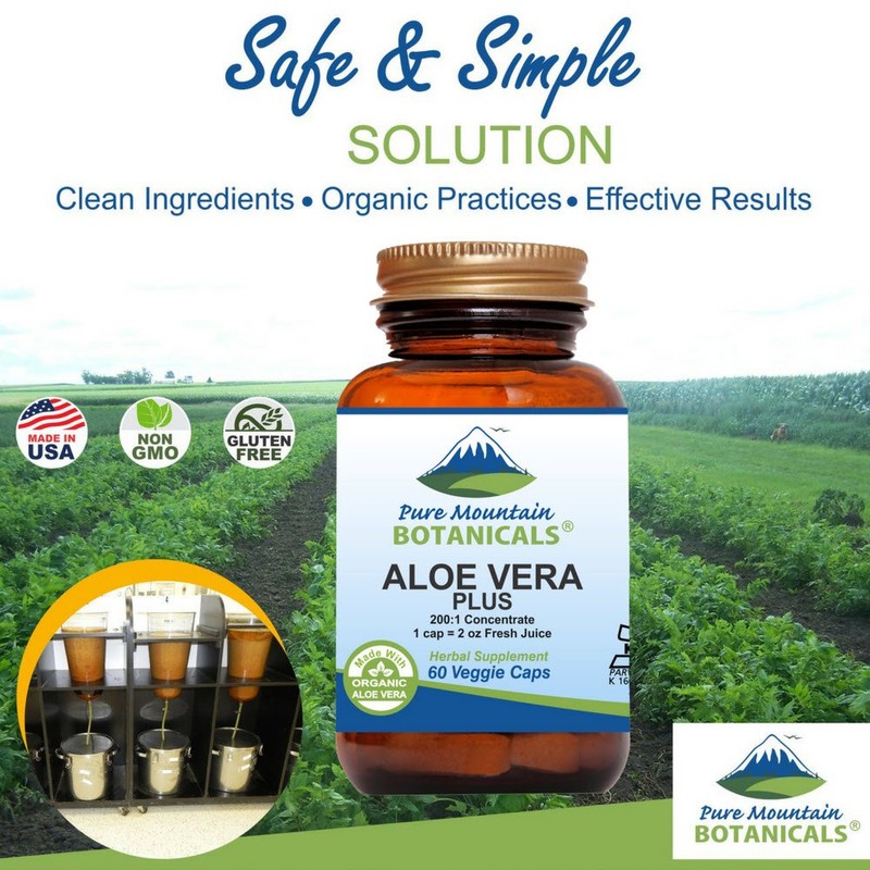 Pure Mountain Botanicals Aloe Vera Plus Capsules. 200:1 Extract. Kosher