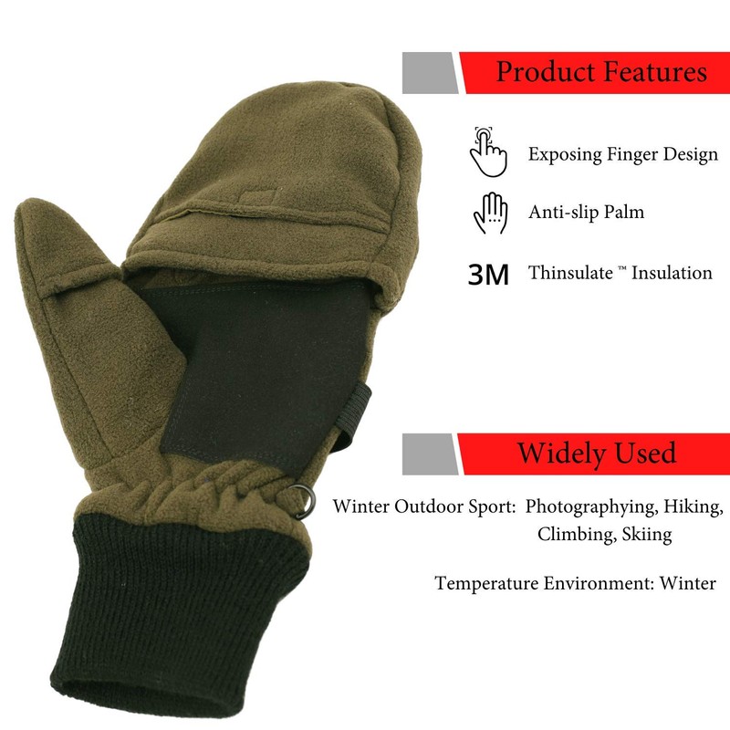 Zeltauto Men’s Thinsulate Gloves Convertible Fingerless Mitten Flap Cover Multipurpose
