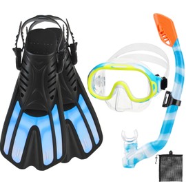 CTSAYTL Snorkeling Gear for Adults, 4 in 1 Travel Size Mask Fins Snorkel Set with Panoramic View Anti Fog Mask, Dry Top Snorkel, Trek Fins and Travel Bag, Snorkel Set for Swimming Snorkeling