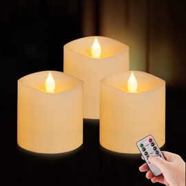 3x3 Flickering Flameless Candles Set of 3, 2AA Battery Life 600 Hours Battery Candles Flickering with Timer,3 inch Flameless Candles with Remote for Valentines Day Decorations Indoor/Outdoor, Ivory