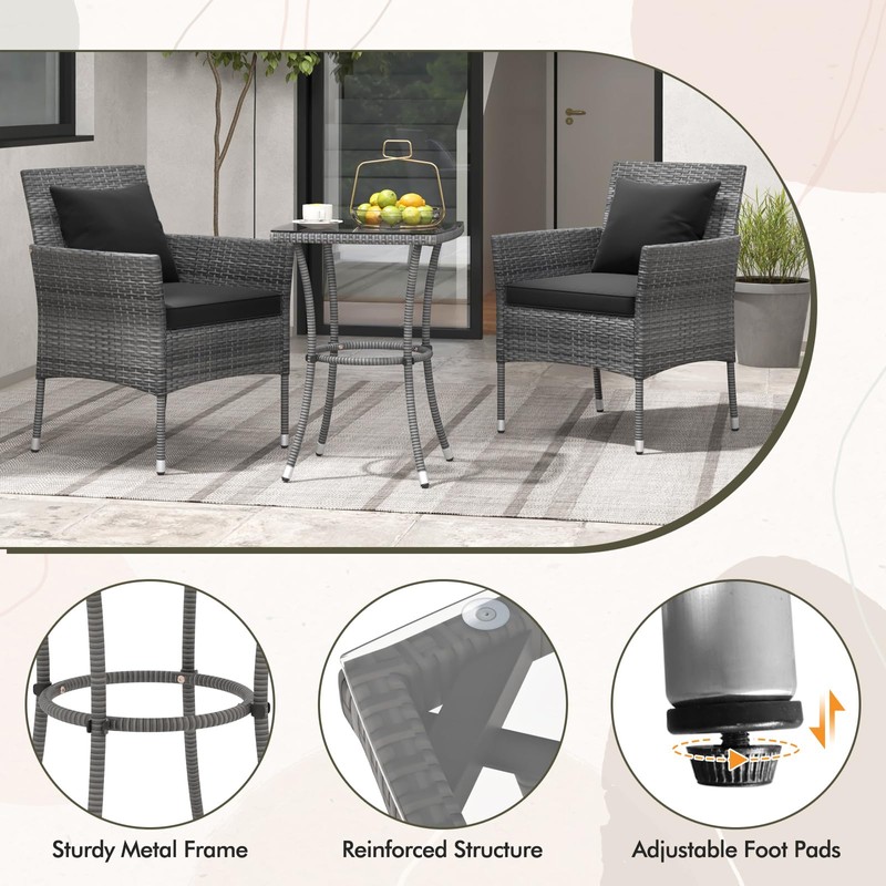 Tangkula 3-Piece Patio Furniture Set, PE Wicker Conversation Bistro Set