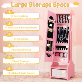 Costzon Kids Jewelry Armoire Cabinet, 41.5” Standing Jewelry Organizer with Full-Length Mirror, 3 Storage Drawers, Kids Vanity Dress Up Mirror Jewelry Cabinet for Little Girls (Pink)