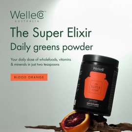 WelleCo The Super Elixir Daily Greens Powder, Probiotic Drink Mix with Whole Foods, Gluten Free, Vegan Gut Health Powder, Energy, Immunity, Healthy Skin, Hair & Nails (Jar, Blood Orange)