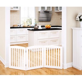 PAWLAND Wooden Freestanding Foldable Pet Gate for Dogs, 24 inch 3 Panels Step Over Fence, Dog Gate for The House, Doorway, Stairs, Extra Wide (White, 24" Height-3 Panels)