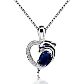 Uloveido Blue Spinel 925 Sterling Silver Dolphin Heart Pendant Necklace for Women Girls Mom Girlfriend with Simulated Sapphire September Birthstone Y435