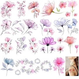 JZS Flower Temporary Tattoos for Girls Women, 10 Sheets Fake Watercolor Rose Lily Tattoo Stickers Waterproof Art