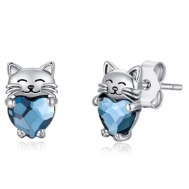 Cat Earrings for Women 925 Sterling Silver Cat Gifts for Girls Stud Earrings with Blue Crystal Cute Animal Jewellery for Kids