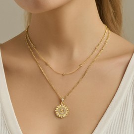 MEIITRUE Sunflower Initial Necklace for Women Trendy,14k Gold Plated Dainty Layered Letter Pendant Necklaces and Bead Chain Zirconia Round Flower Alphabets Jewelry Gifts for Her L